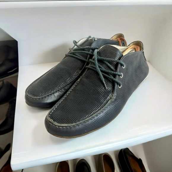 Italian Shoemakers Other - Men’s Shoes Navy Blue Perforated Leather Loafers Lace Up Moccasins Casual Shoes